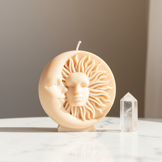 Cream ivory sun and moon face sculptural soy disc candle with celestial relief design — Estelle Studio artisan candle, mystical home décor Canada