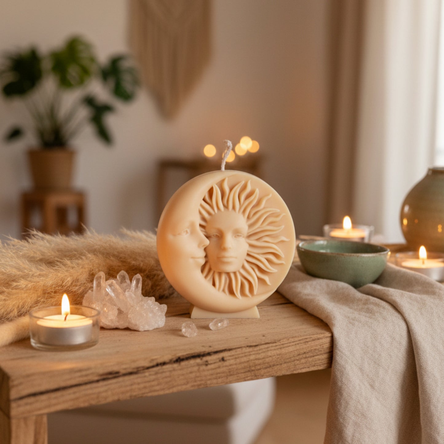 Estelle Studio sun and moon candle cream ivory styled on bohemian shelf with crystals — celestial sculptural soy candle mystical home décor Canada