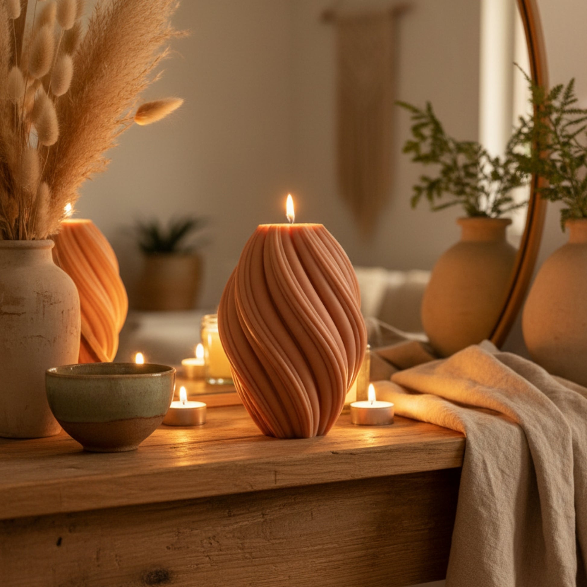 Estelle Studio oval wave candle warm sand cream styled on bohemian shelf — sculptural diagonal ridge soy candle modern home décor accent Canada