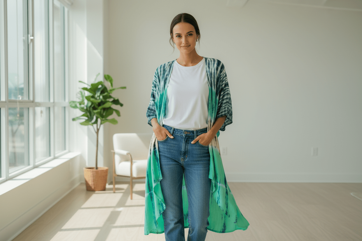 Tie Dye Stripe Long Kimono - Turquoise & Grey - Best Life Apparel