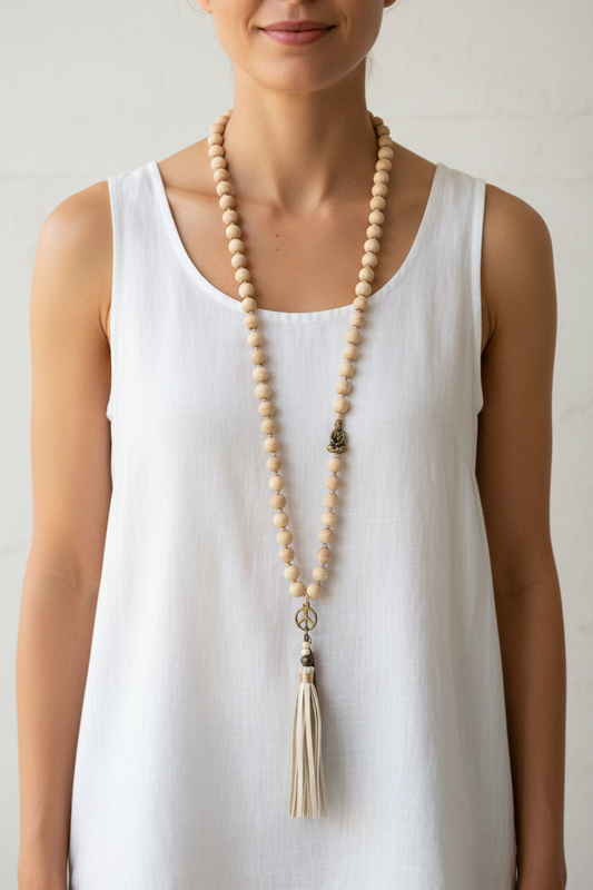 Long natural wood bead mala necklace with antique gold Buddha charm, peace sign pendant and cream leather tassel worn by a woman — handmade in India for boho, yoga, and spiritual style