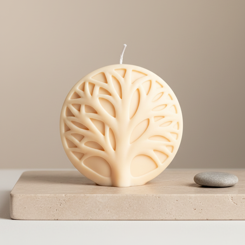 Cream ivory tree of life medallion candle sculptural soy wax — Estelle Studio artisan nature candle, decorative home accent candle Canada