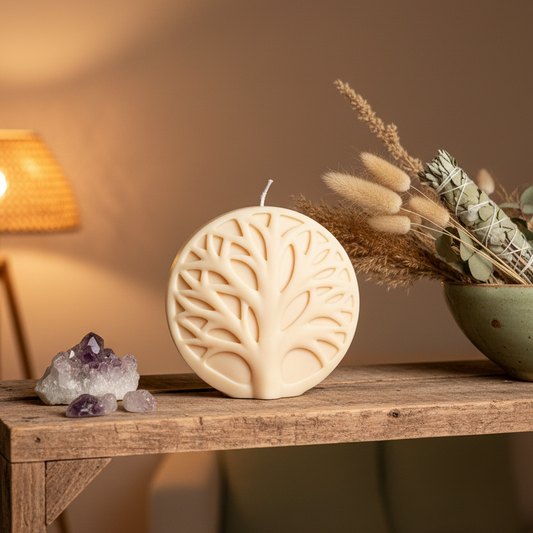 Estelle Studio tree of life disc candle cream ivory styled on wooden shelf — sculptural nature soy candle bohemian home décor Canada