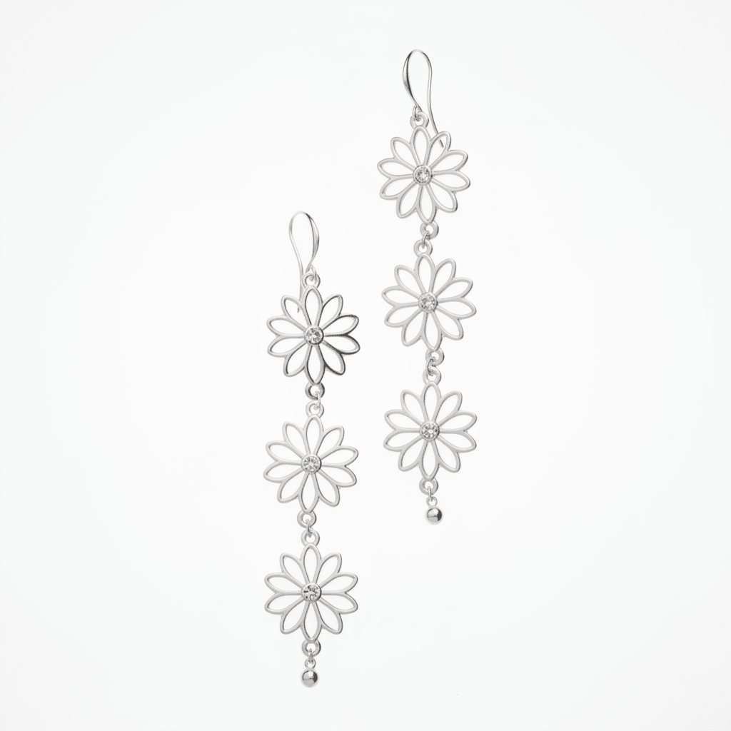 Triple Flower Drop Earrings In Silver Plate - Best Life Apparel
