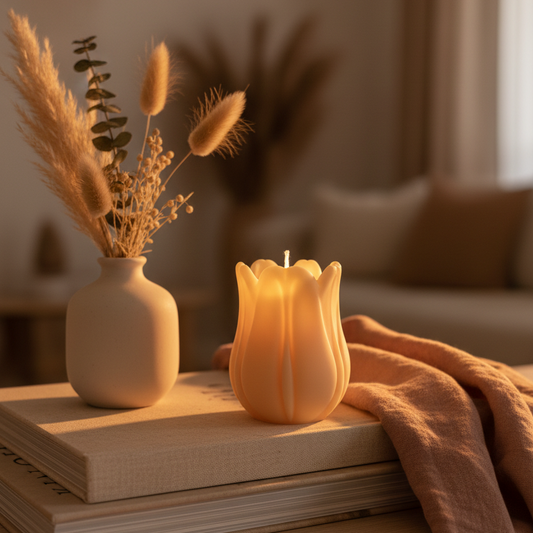 Estelle Studio tulip candle cream ivory styled in elegant living room with dried florals — sculptural floral soy candle spring home décor accent Canada