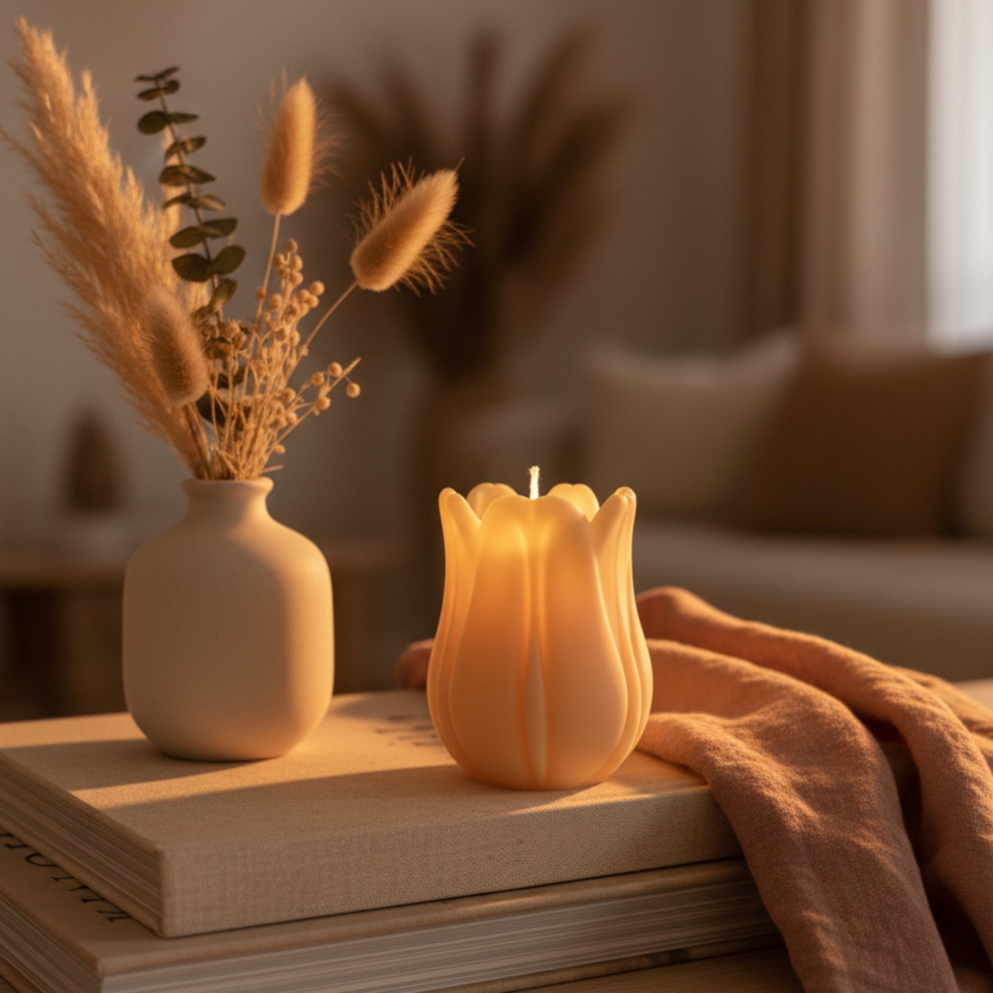 Estelle Studio tulip candle cream ivory styled in elegant living room with dried florals — sculptural floral soy candle spring home décor accent Canada