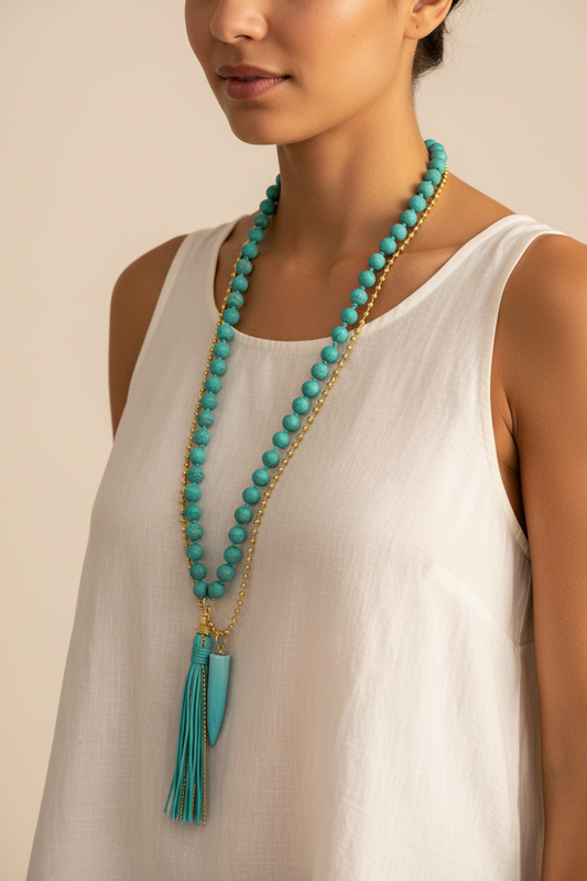 Long layered necklace with large turquoise round beads, gold ball chain, turquoise horn pendant and turquoise leather tassel worn by a woman — handmade in India for boho and statement style
