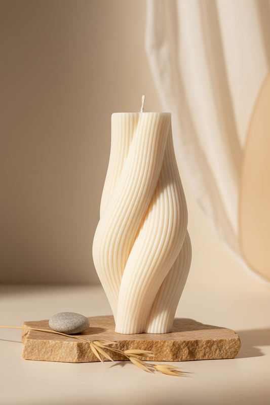 twisted rope candle — cream ivory ribbed pillar candle on a natural linen surface, artisan home décor accent candle Canada
