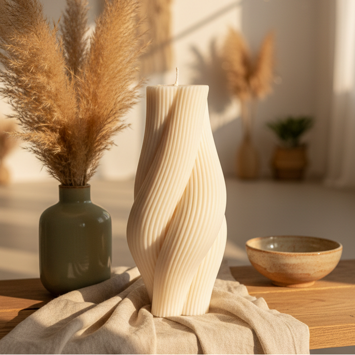 wisted rope pillar candle in cream ivory, styled on a wooden shelf in a warm meditation room with dried botanicals and soft golden light
