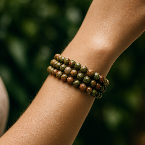 Unakite gemstone bracelet for emotional healing — green and pink crystal bead bracelet for women