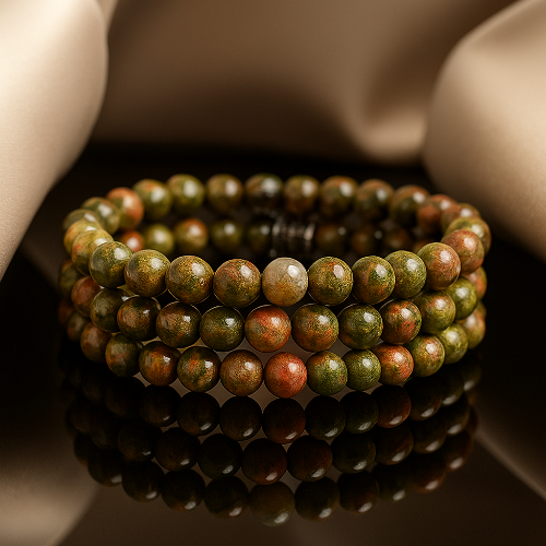 Unakite gemstone bracelet luxury display — emotional healer crystal bracelet handcrafted in Canada