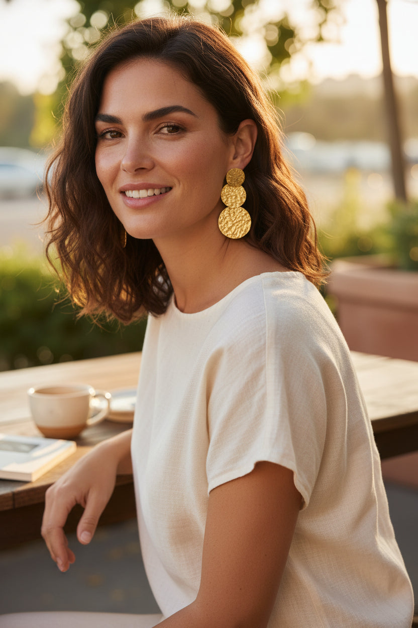 Gold stainless steel triple disc beaten earrings statement artisan jewelry in womans ear