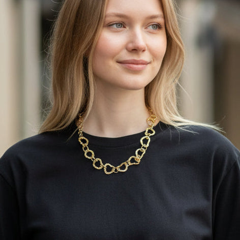 Handmade gold linked heart necklace everyday boho style on woman