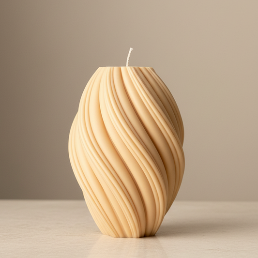 Warm sand cream oval wave ridge sculptural soy candle with diagonal flowing texture — Estelle Studio artisan statement candle, modern home décor Canada