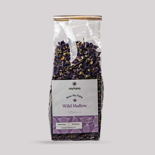 Vibrant wild mallow herbal tea — whole dried purple mallow flowers for respiratory and digestive comfort