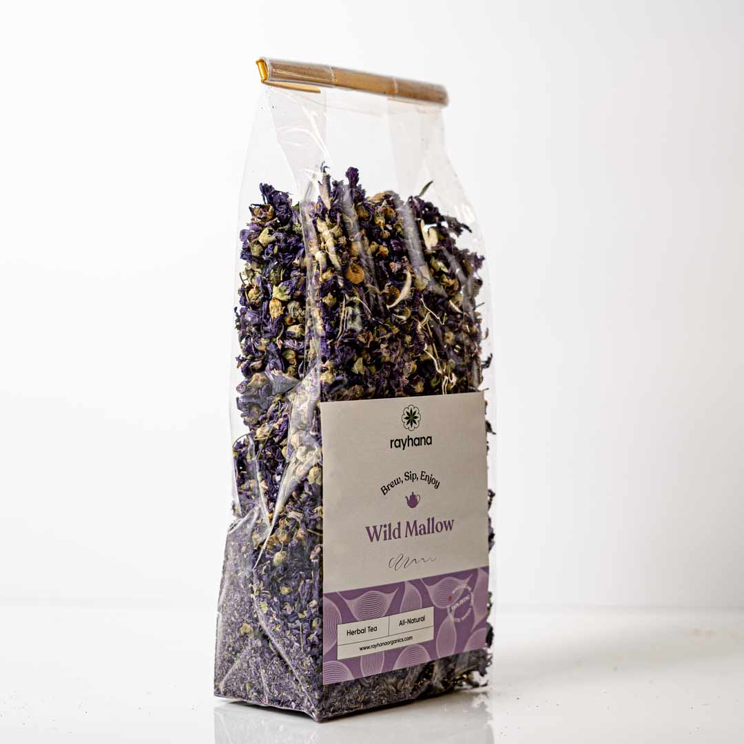 Close-up of whole dried purple mallow flowers — stunning loose flower tea by Rayhana Organics
