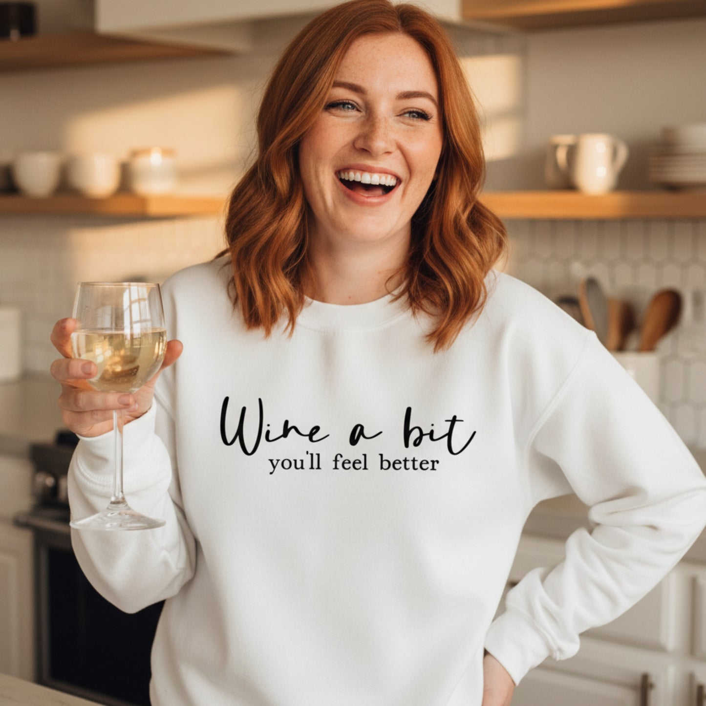 Women's Wine A Bit You'll Feel Better crewneck sweatshirt — funny wine pun gift for women