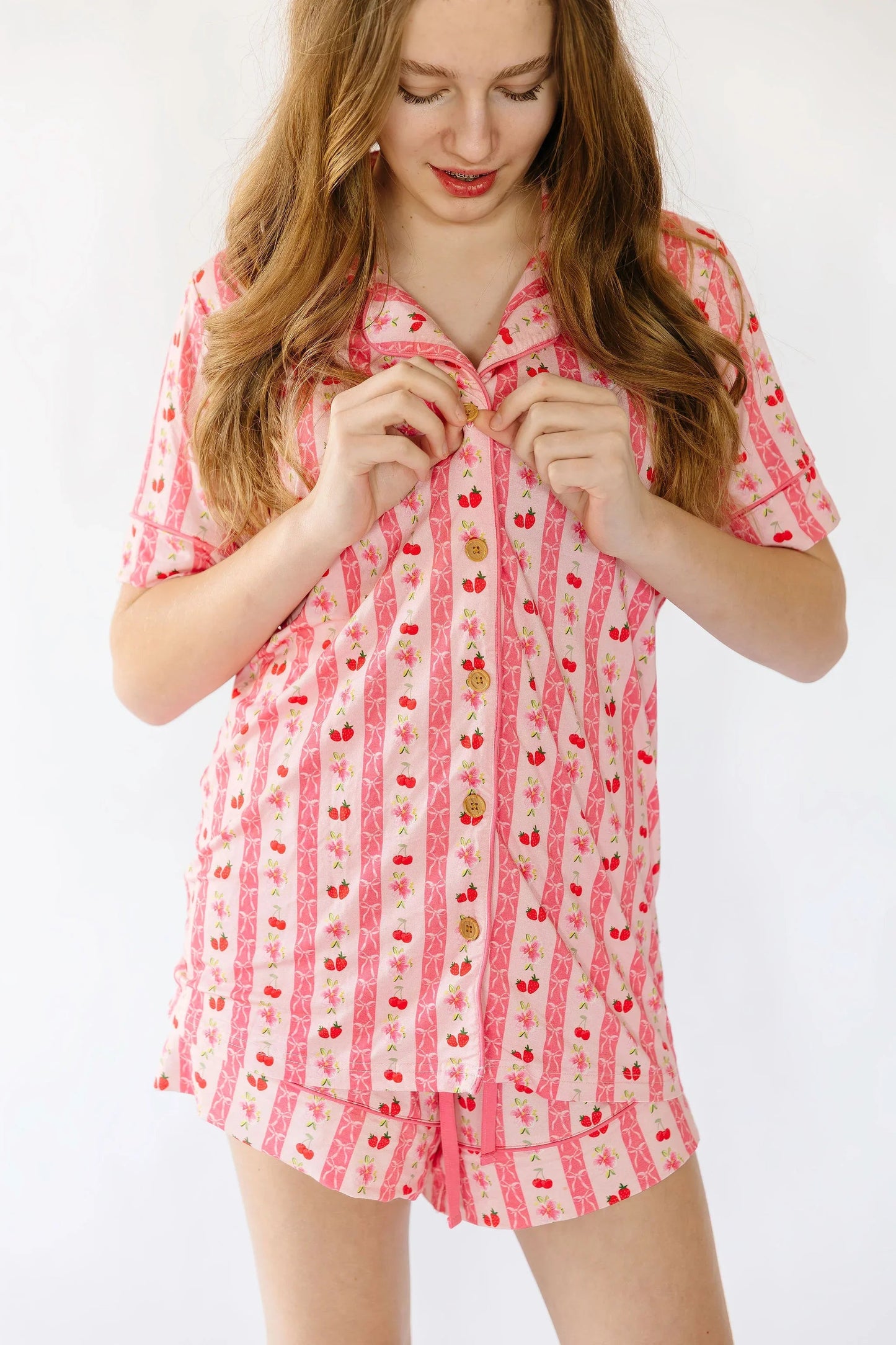 Strawberry & Cherry Bows Short Sleeve Pajama Top — Bamboo Viscose