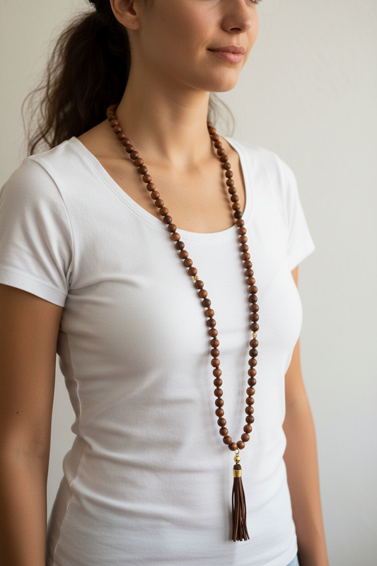 Extra long dark wood bead mala necklace with gold cap and leather tassel worn by a woman — handmade in India, dramatic length to the hip for boho, yoga, and spiritual style