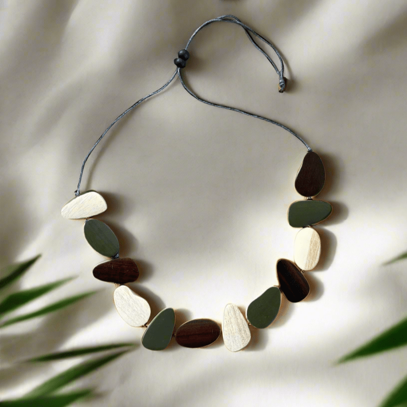 Wooden Pebble Necklace -Green, Brown & Cream - Best Life Apparel