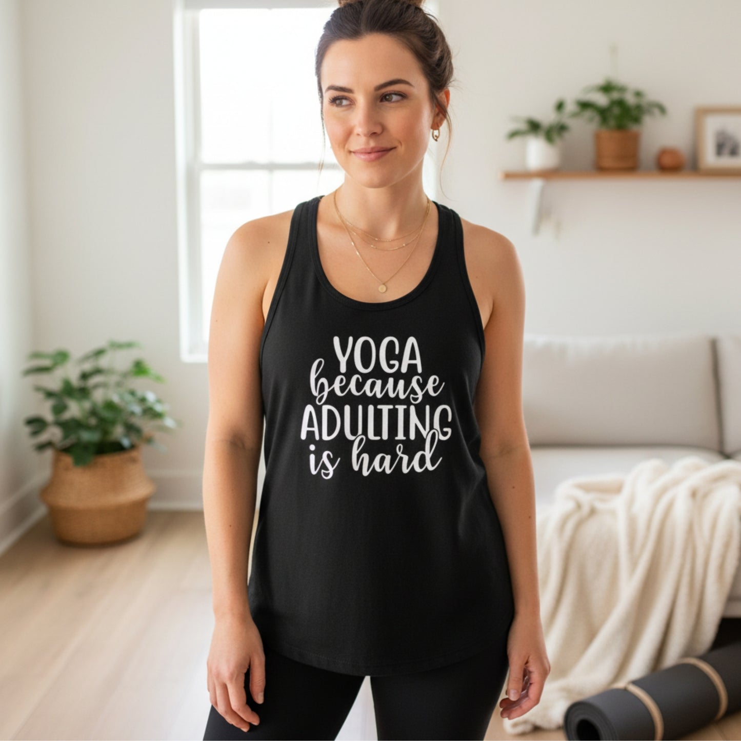 Women's Yoga Because Adulting Is Hard racerback tank — funny yoga gift for women, stress relief workout tank for her