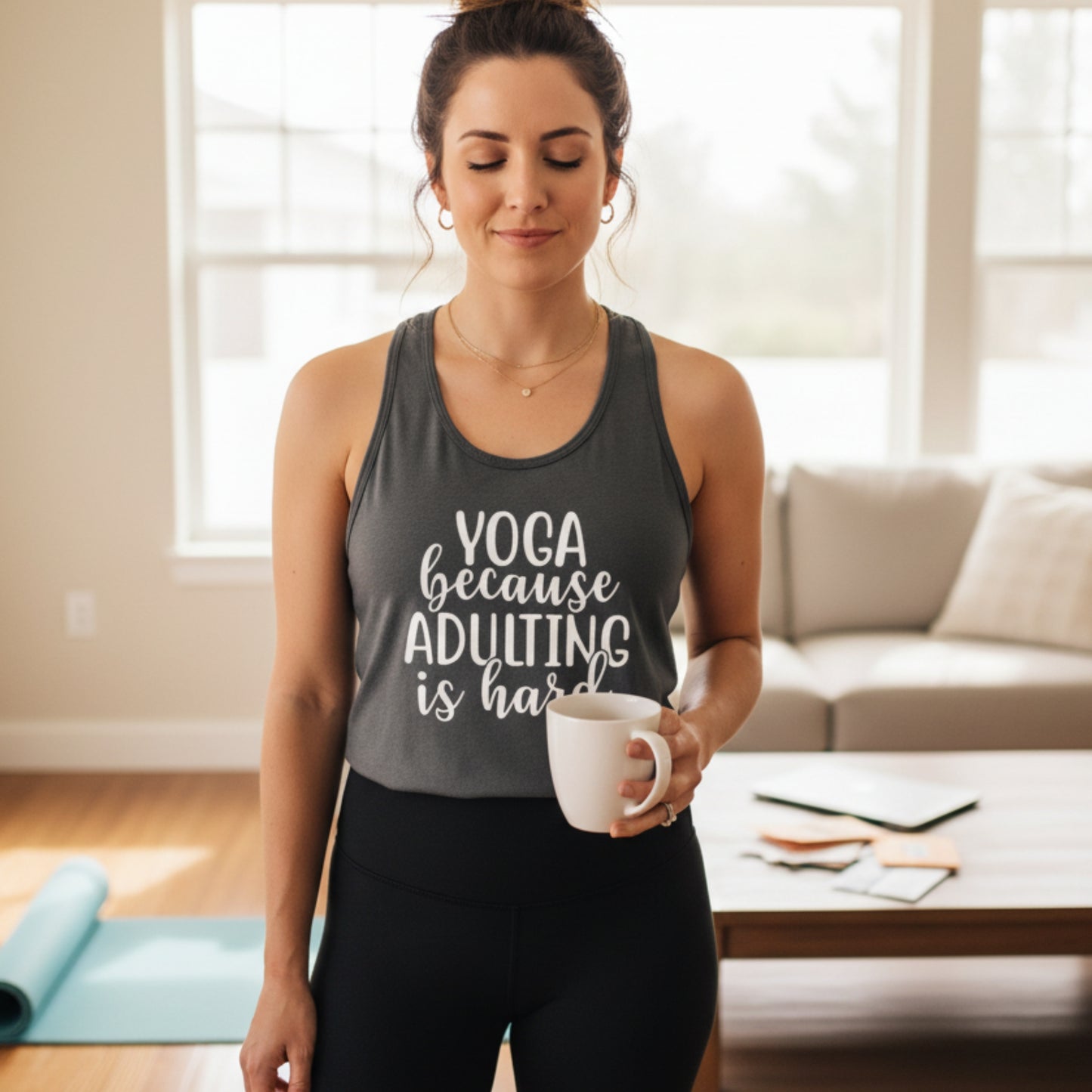 Yoga Because Adulting Is Hard women's tank top — humorous yoga shirt for women, relatable gift for her