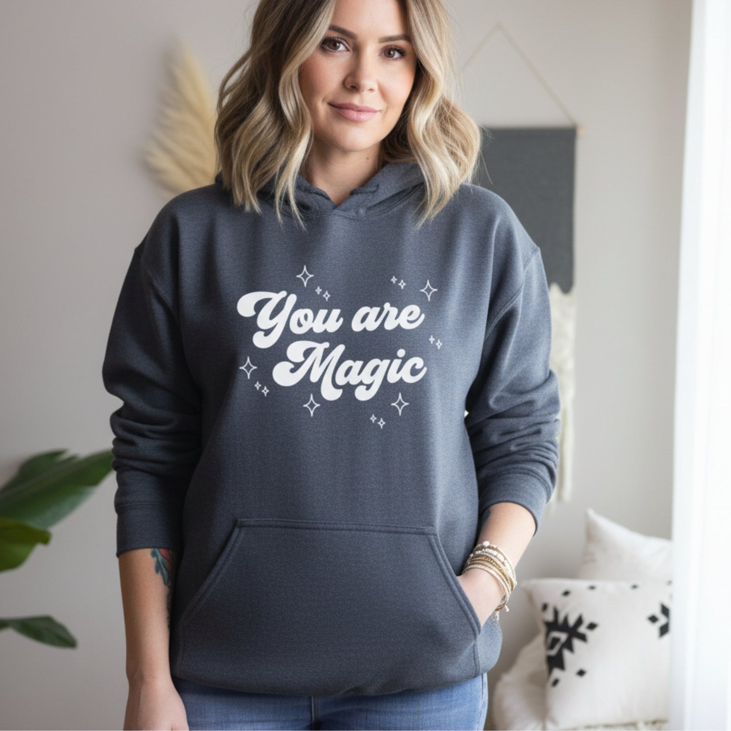 Dark heather grey You Are Magic hoodie — uplifting spiritual gift for the friend who lights up every room she walks into